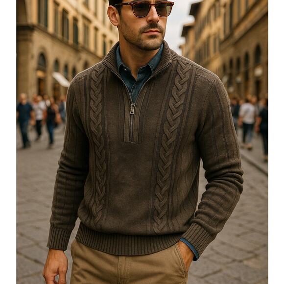 Nanibon Men's Quarter Zip Sweater Cable Italy Premium 100% Virgin Wool - Picture 2 of 8